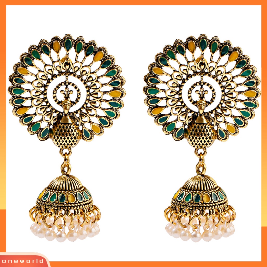 [WOD] 2pcs Anting Menjuntai Gaya India Bell Rumbai Mutiara Imitasi Warna-Warni Geometris Hias Hadiah Wanita Merak Liontin Anting Fashion Perhiasan Untuk Pakaian Sehari-Hari