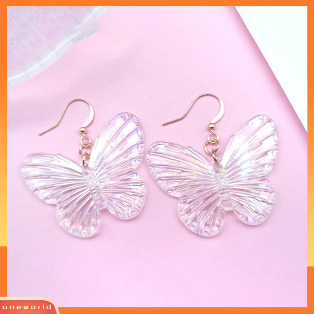 [WOD] 1pasang Tindik Warna Gradien Gadis Anting Akrilik Transparan Kupu-Kupu Drop Hook Earrings Perhiasan Aksesoris