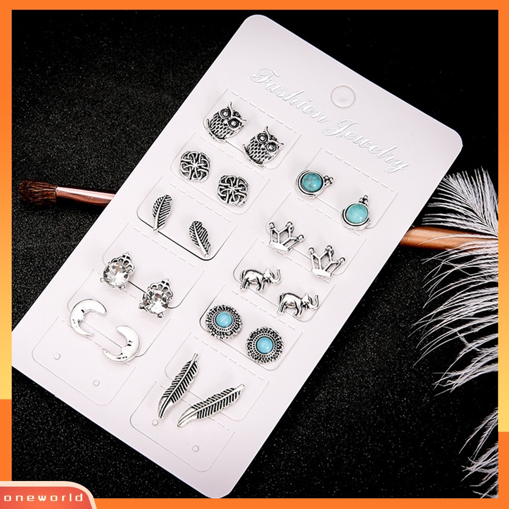 [WOD] 10pasang Wanita Berlian Imitasi Mahkota Gajah Burung Hantu Daun Telinga Studs Earrings Jewelry