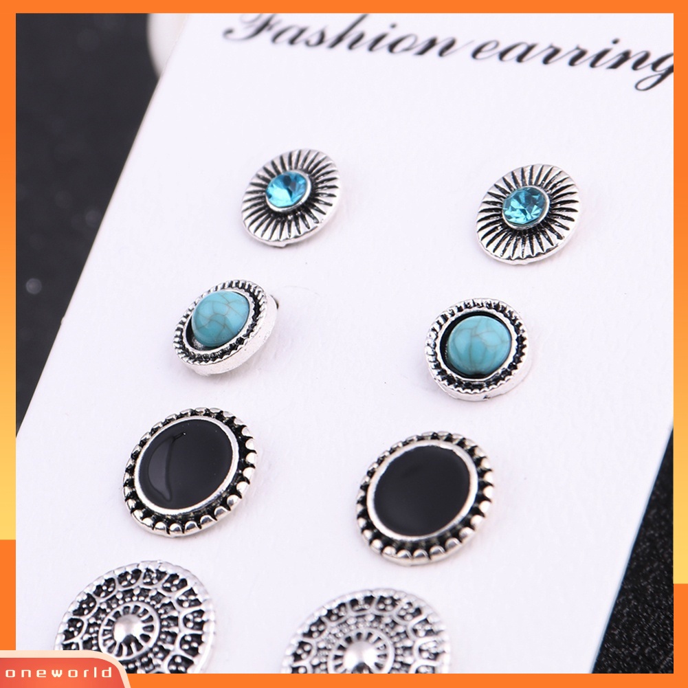 [WOD] 6pasang Set Anting Vintage Bohemian Geometris Berlian Imitasi Turquoise Untuk Wanita