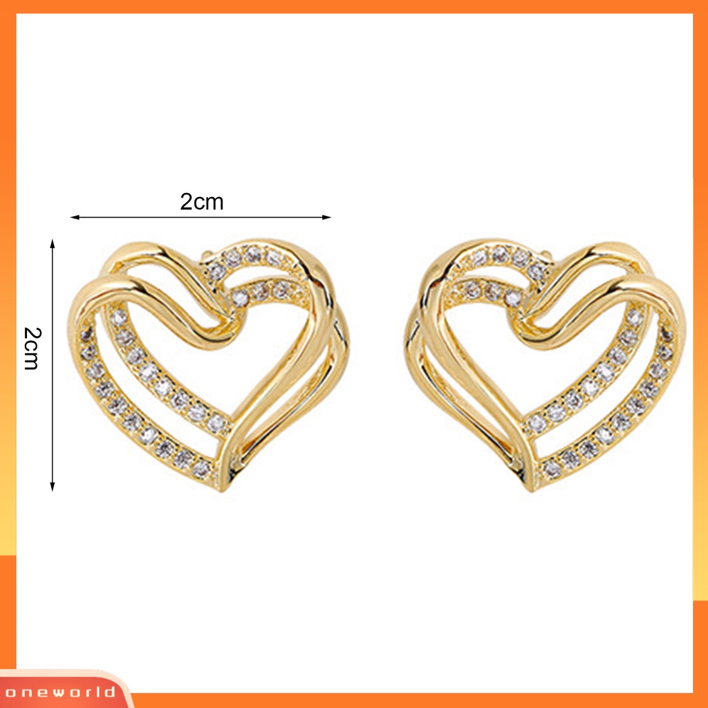 [WOD] 1pasang Lady Stud Earrings Mewah Berlian Imitasi Mengkilap Bentuk Hati Double-layer Bridal Earrings Perhiasan Perempuan