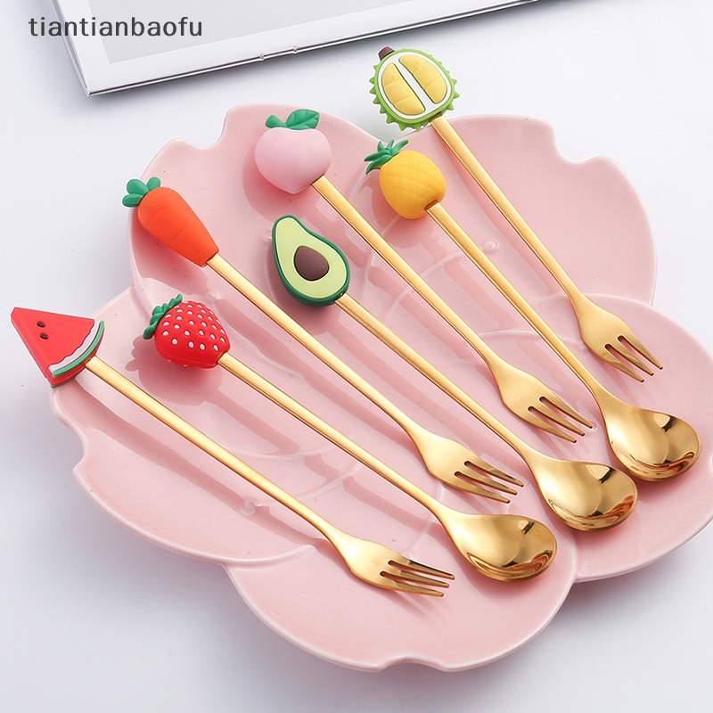 [tiantianbaofu] Stainless Steel Sendok Garpu Kartun Buah Macaron Dessert Spoons Fruit Forks Anak Set Aksesoris Dapur Butik