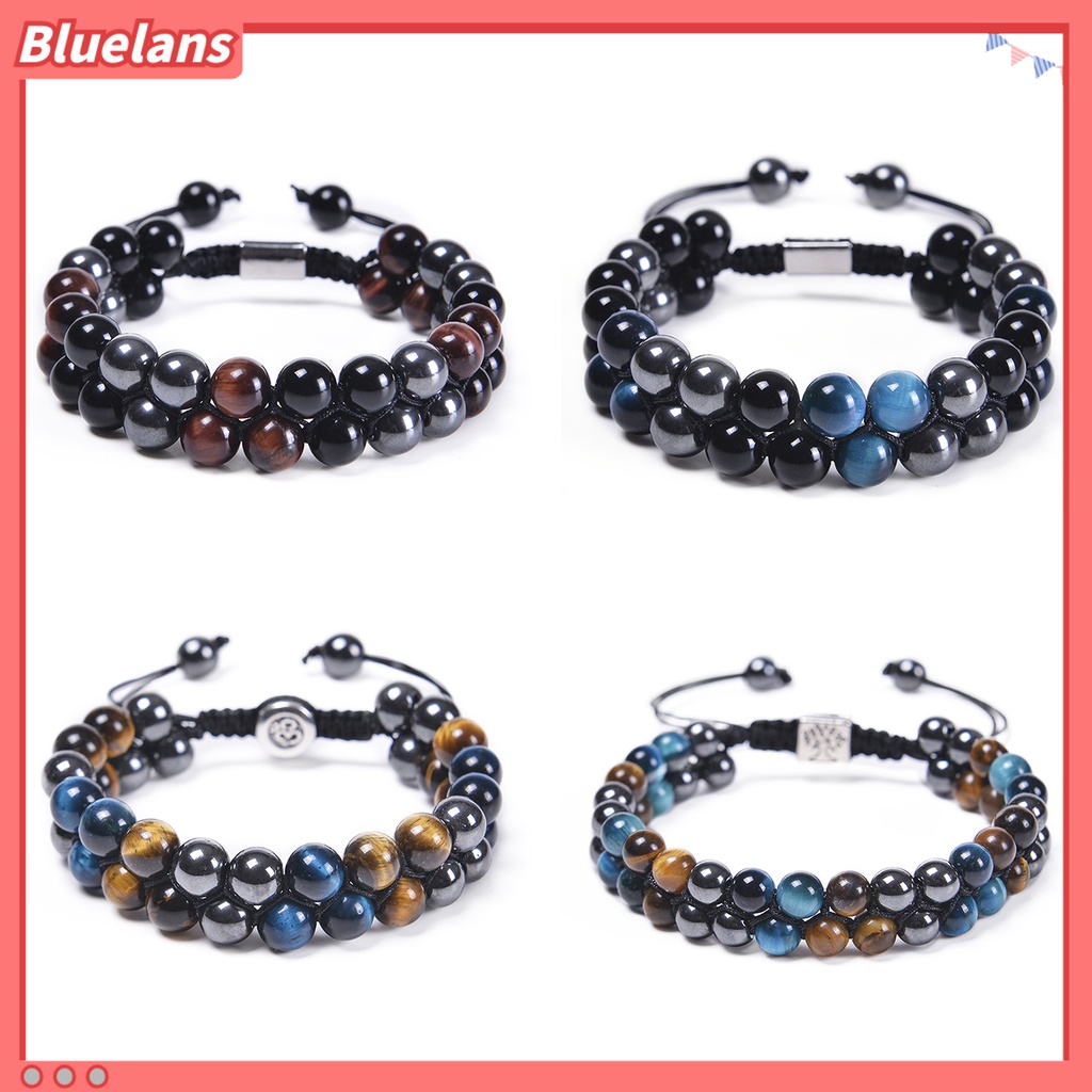 [BLS] Ic Gelang 8mm Manik-Manik Bulat Double-layer Braided Natural Tiger Eye Stone Adjustable Hadiah Fashion Perhiasan Pria Wanita Penghilang Stress Penyembuhan Bangle Untuk Harian