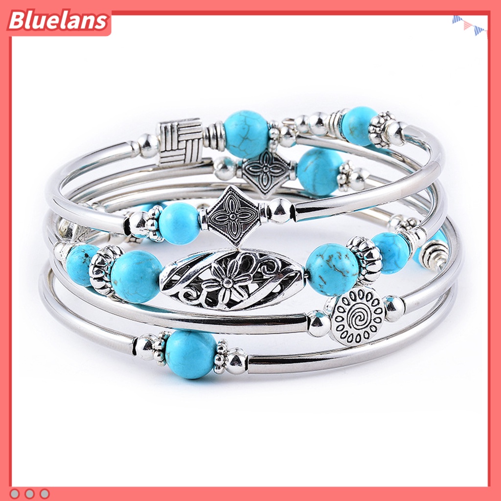 [BLS] Wanita Bangle Batu Alam Etnik Multi Layered Retro Biru Turquoise Beads Bungkus Gelang Perhiasan Aksesoris