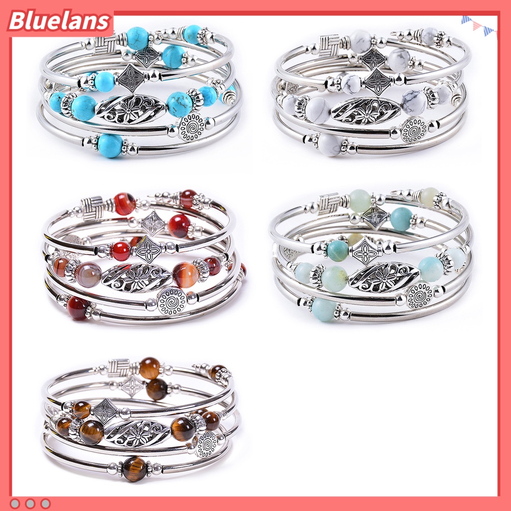 [BLS] Wanita Bangle Batu Alam Etnik Multi Layered Retro Biru Turquoise Beads Bungkus Gelang Perhiasan Aksesoris