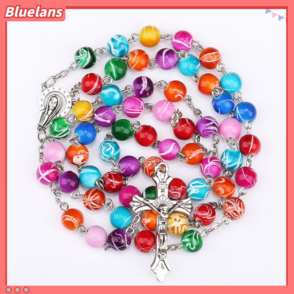 [BLS] Wanita Kristen Katolik Rosario Manik Jesus Cross Pendant Strand Kalung Perhiasan