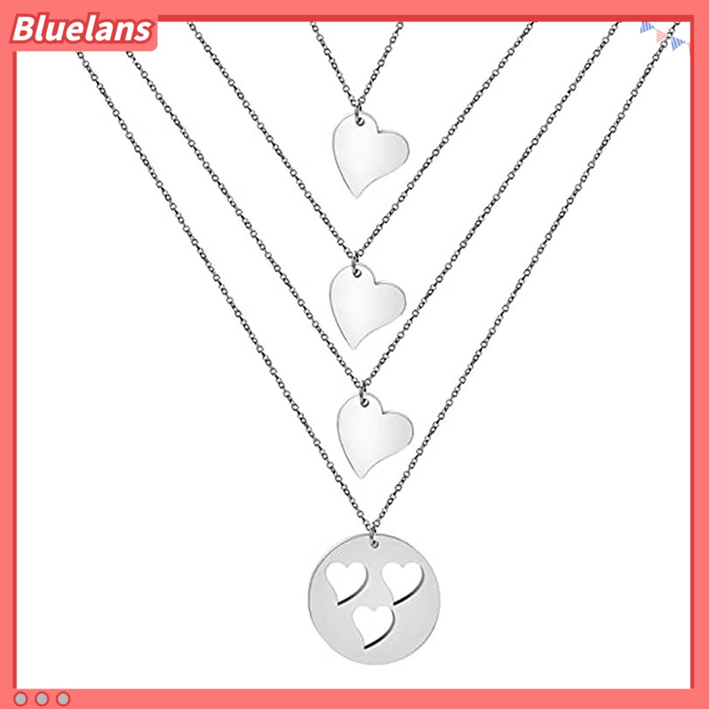 [BLS] 1pc/1 Set Liontin Kalung Beberapa Layer Finishing Terang Hollowed Heart Pendant Berbentuk O Rantai Leher Dekorasi Perhiasan Geometris Kalung Stainless Steel Untuk Pesta