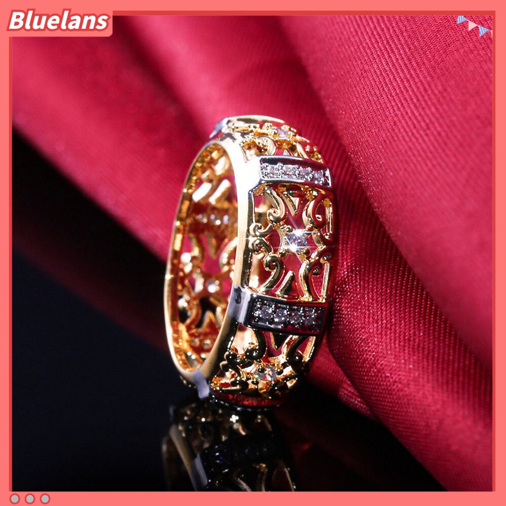 [BLS] Wanita Cincin Gaya Vintage Berongga Ukiran Dua Warna Kuno Bling Cubic Zirconia Ladies Finger Ring Fashion Perhiasan