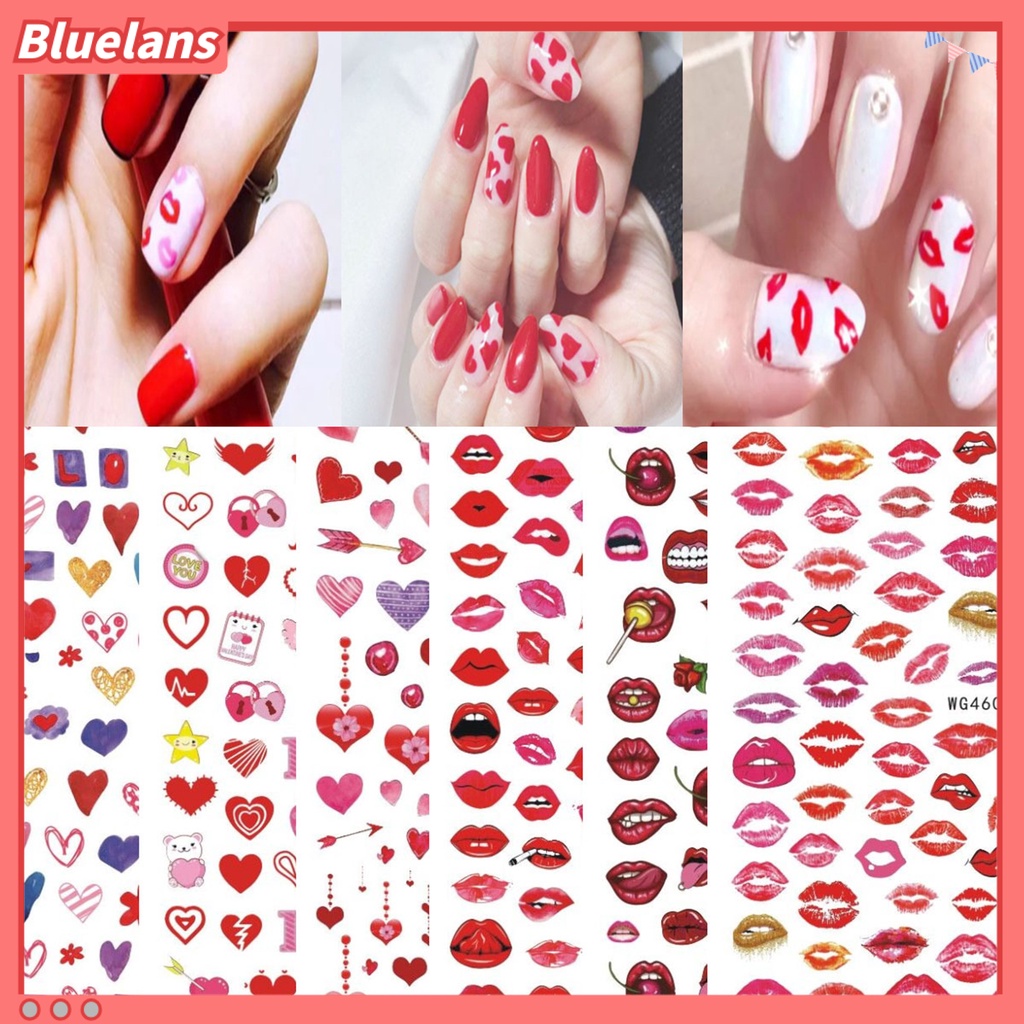 [BLM] Stiker Kuku Romantis Warna-Warni Perekat Diri Kuat Lengket Dapat Dilepas Hias DIY Valentines Day Heart Red Lip Series Nail Art Decal Untuk Salon