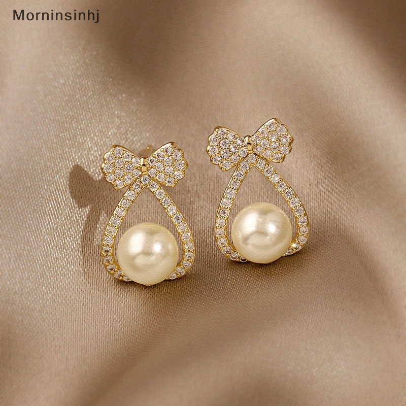 Mornin Pearl Studs Bow Crystal Earrings Untuk Wanita Eardrop Kecil Pernikahan Fashion Perhiasan id