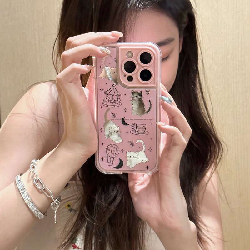 IPHONE Case TPU Lembut Mirror Pink Line Kitty iP Iphone14+Plus 11 12 13 Pro Max 2in1 FTD Cewek Wanita Casing Apple