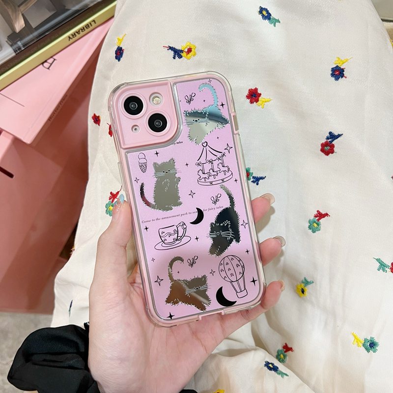 IPHONE Case TPU Lembut Mirror Pink Line Kitty iP Iphone14+Plus 11 12 13 Pro Max 2in1 FTD Cewek Wanita Casing Apple