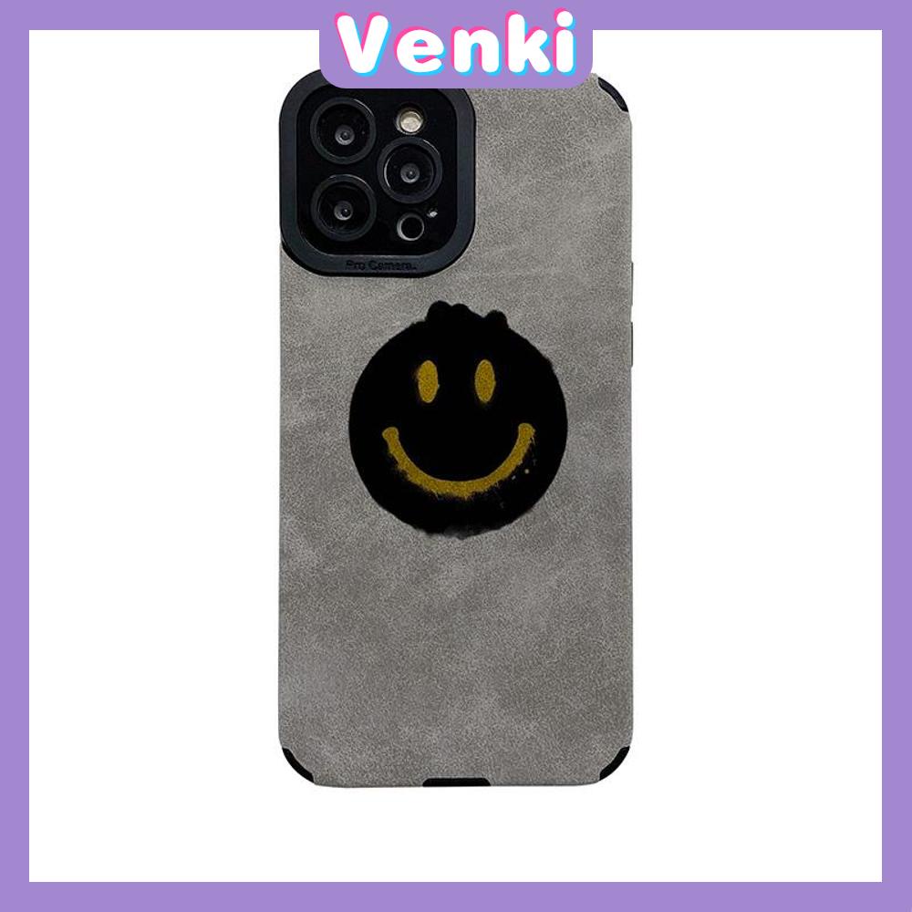 VENKI - Untuk iPhone 11 Case Leather Pupil Suede Cover Soft Shockproof Cover Camera Simple Yellow Smile Kompatibel dengan iPhone 14 13 Pro max 12 Pro max xr xs 7Plus 8Plus