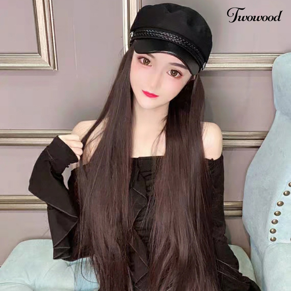 Twowood Wanita Fashion Rambut Palsu Panjang Gelombang Lurus Hairpiece Hair Extension Dengan Topi Berujung