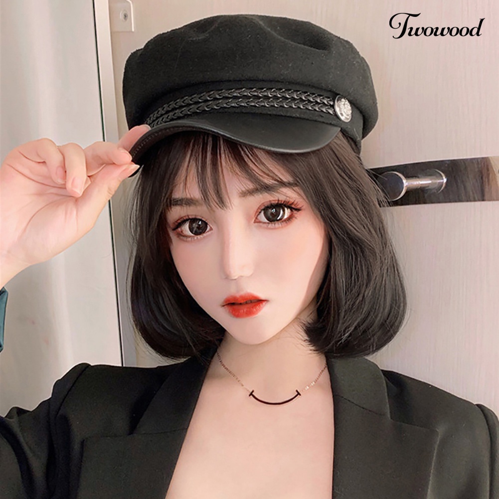 Twowood Wanita Bergaya Bob Lurus Pendek Wig Sopak Rambut Ekstensi Dengan Topi Muncak