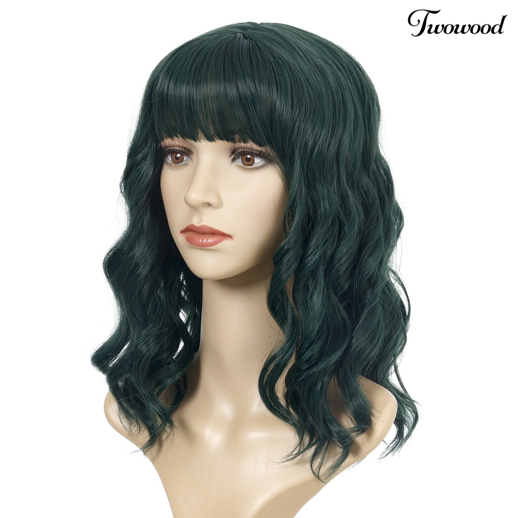 Twowood Wanita Wavy Mid Long Curly Wig Air Bangs Bermain Peran Kostum Pesta Sopak