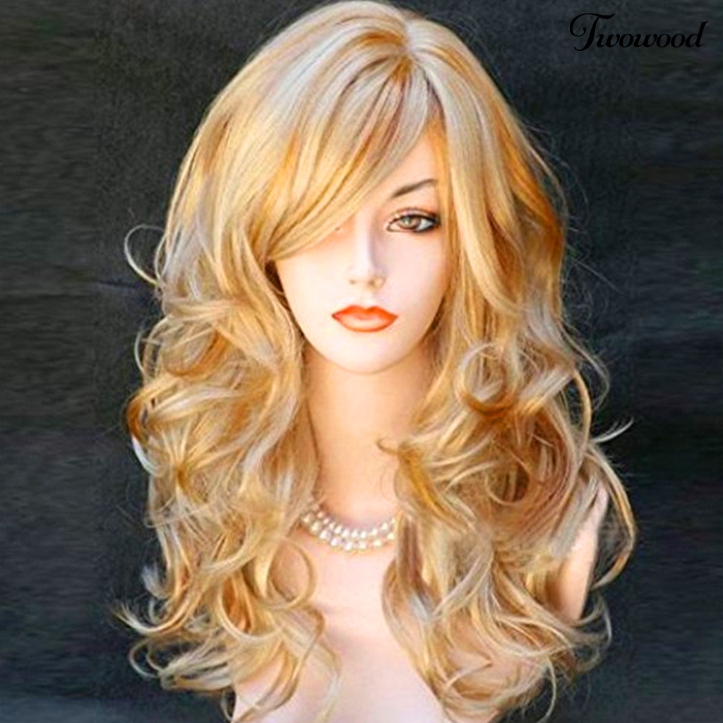 Twowood Wanita Wig Rambut Keriting Panjang Ringan Golden Tahan Panas Wig Alami Untuk Perempuan