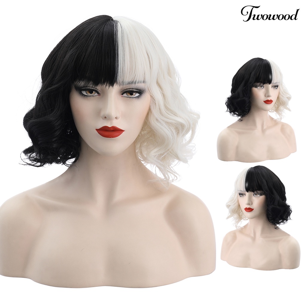 Twowood Cruella Wig Vivid Styles Wavy Serat Suhu Tinggi Setengah Hitam Kecil Pendek Keriting Karena Wig Alat Cosplay