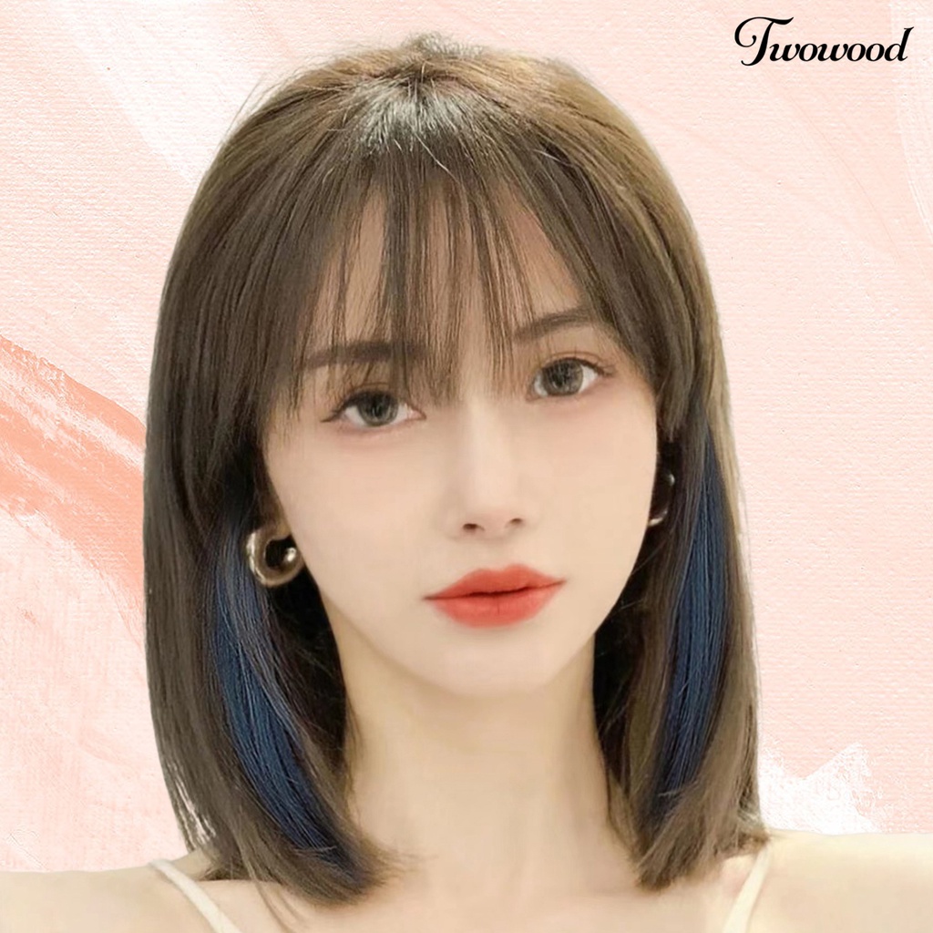 Twowood 1set Wanita Wig Berbulu Alami Tanpa Simpul Bernapas Rambut Styling Manusia Hidup Angka Delapan Poni Gantung Telinga Celup Wig Salon Pasokan