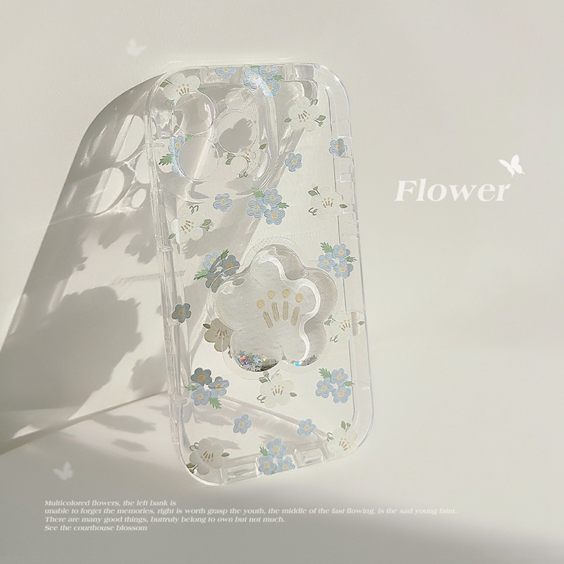 INS Blue White Flowers Popsocket Soft TPU Case iP iPhone 14 + Plus 11 12 13 Pro Max Clear FTD Girl Woman Casing Apple