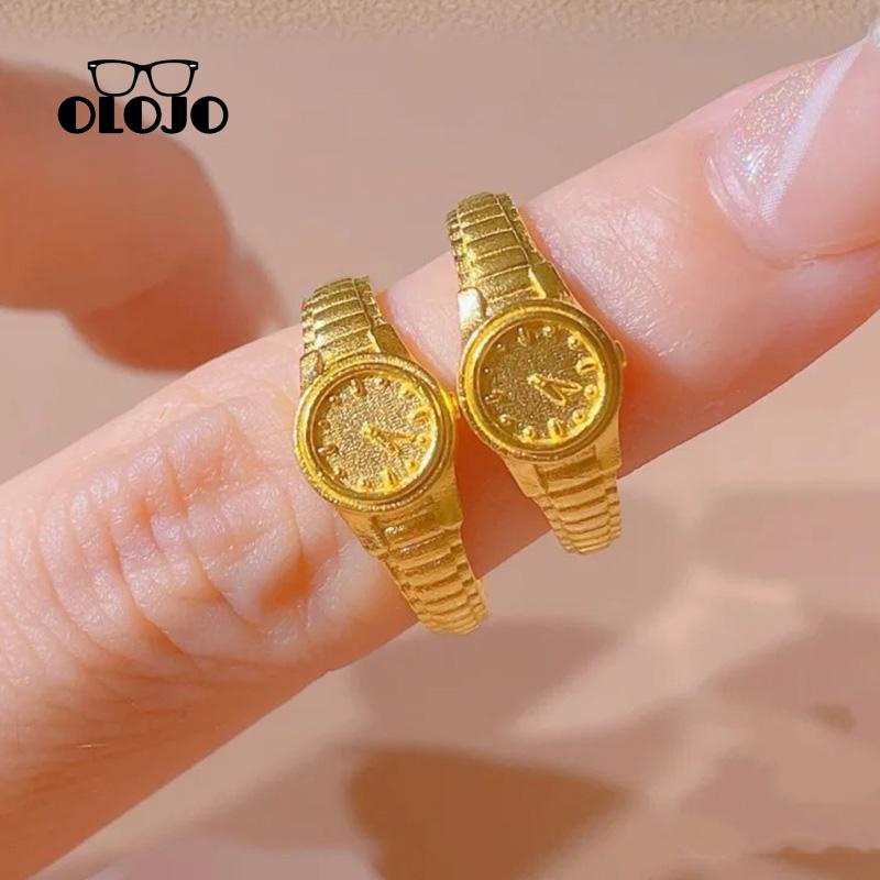 [Olojo Jam Tangan Emas Kecil Pembukaan Jam Cincin Pria Wanita Kreatif Cincin Gaya Punk Adjustable Ring