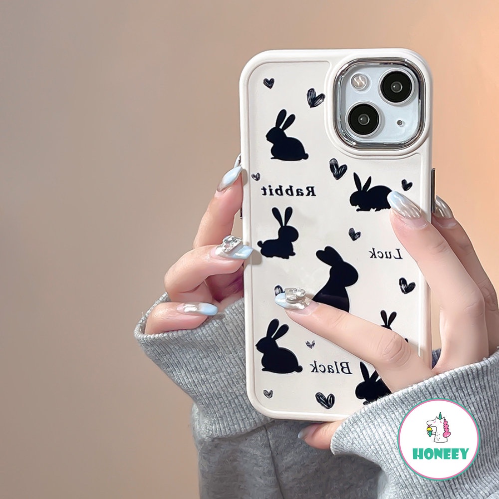 Casing Motif Love Rabbit Full Layar Gaya Untuk iPhone 11 Pro Max12 13 14 Pro Max7 8Plus Xr Xs Motif Hitam Sederhana Shockproof Back Cover