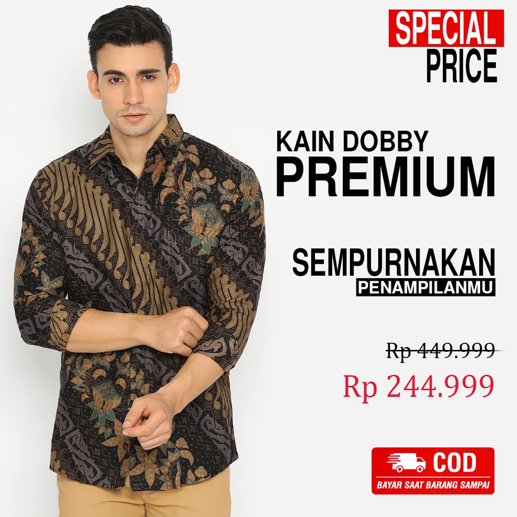 BATIK PRIA LENGAN PANJANG Kemeja Dobby Slimfit Slim Fit Premium Warna Hitam Coklat 729333 Cap 72 - Baju Kemeja Atasan Pakaian Setelan Batik Pria Cowok Laki Laki Remaja Keluarga Kantor Lengan Panjang Modern Slimfit Slim Fit Premium Kekinian