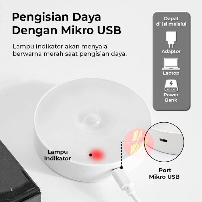 Lampu Tidur Led Portable Pir Sensor Gerak Cahaya Automatis Recharge