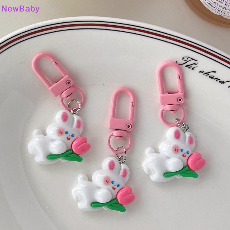 Newbaby Lucu Mini Tulip Rabbit Gantungan Kunci Lovely Pink Bunny Doll Key Chain Untuk Wanita Gadis Anak Tas Earphone Kotak Hiasan Keyring Pendant ID