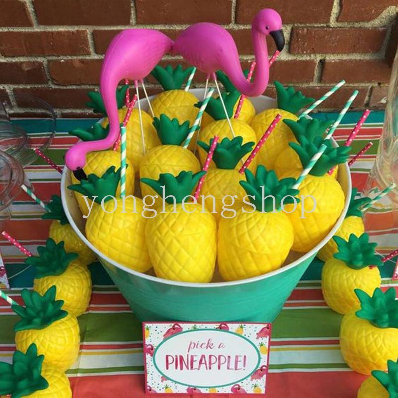 Kreatif Hawaii Pesta Nanas Kelapa Cangkir Minum Dengan Tutup Sedotan Tema Pantai Tropis Party Drinkware Drink Decor Water Juice Cups