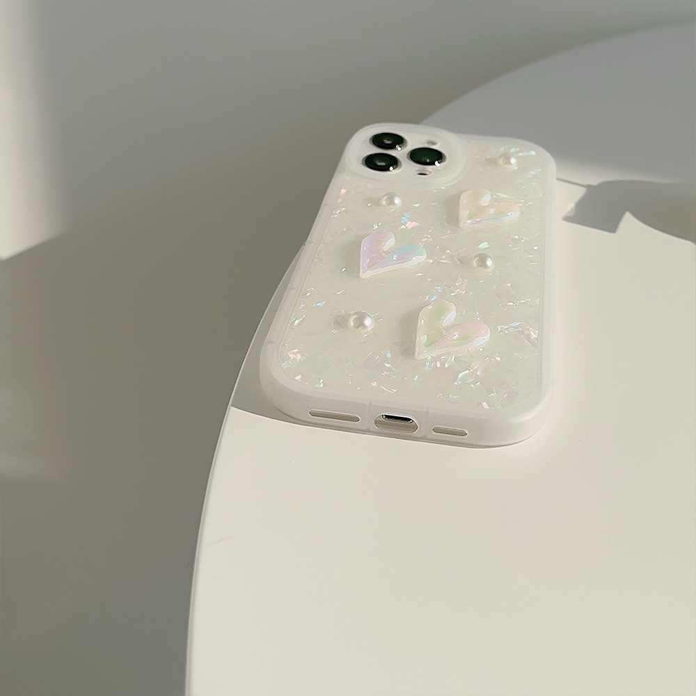 IPHONE 3d Pearlescent Kerang Cinta Hati Dengan Manik-Manik Mutiara Shell Pola Perlindungan Penuh Ponsel Soft Case Cover Untuk Iphone7 8 PLUS X XR XS 11 12 13 14 MINI PRO MAX Se2020