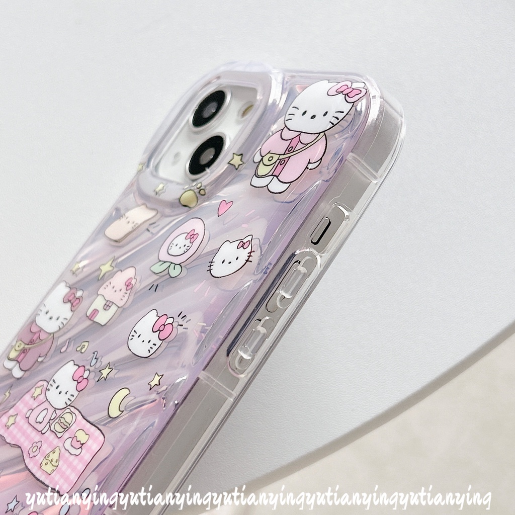 Casing Tombol Ponsel Digital Kartun Hello Kitty Vintage Kompatibel Untuk IPhone 7Plus XR XS X Max11 12 14 13 Pro Max7 6S 8 6 Plus Se2020 Kartu Laser Kerut Stereo 3D Soft Cover