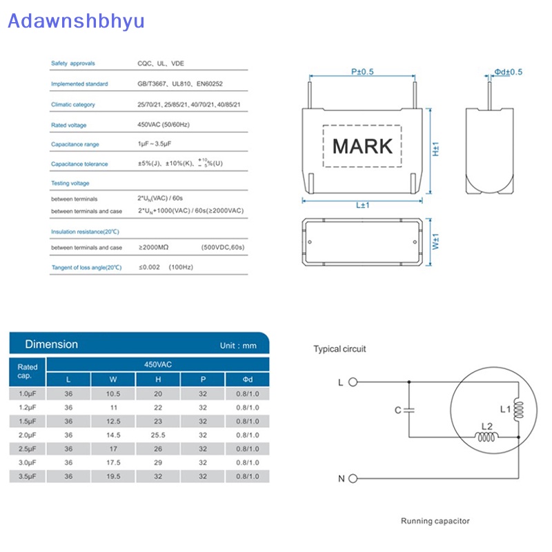 Adhyu BM CBB61 1-3.5uF 450V Kipas Ac Pin Motherboard Kapasitor Start Part ID