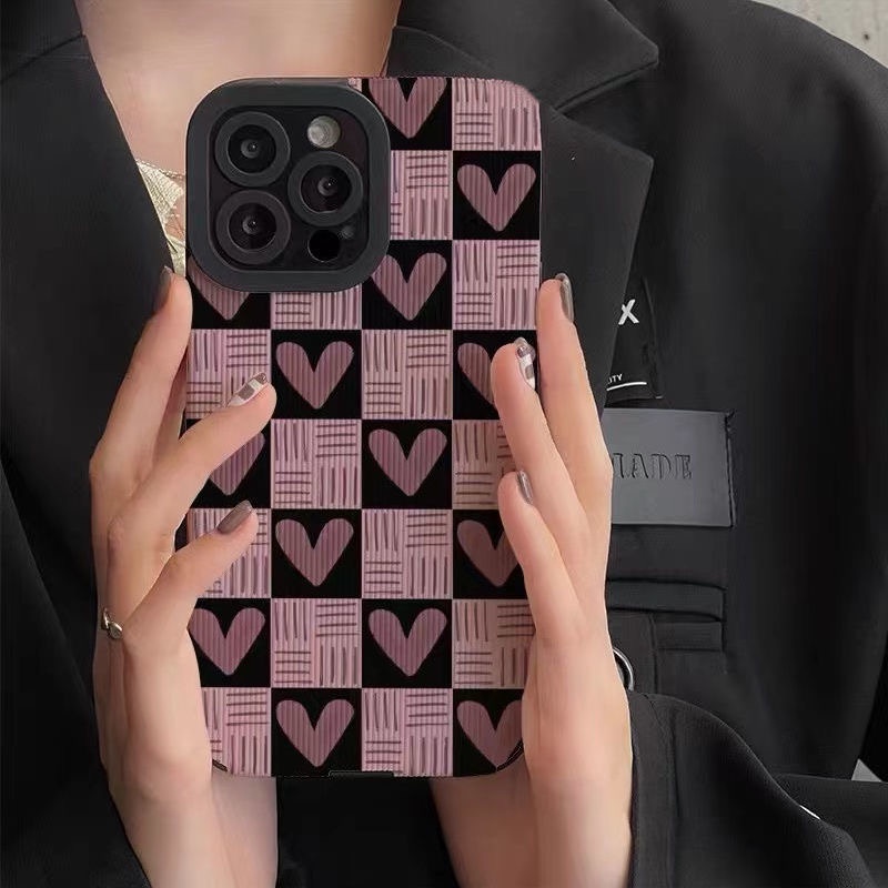 All New Checkered Pink Heart Leather Soft Case IPhone 7 Plus 8 Plus X XS XR XS Max 11 13 12 14 PRO Max 14 Plus SE Mini Phone Case Girl Girl Women's Fashion Pretty Case