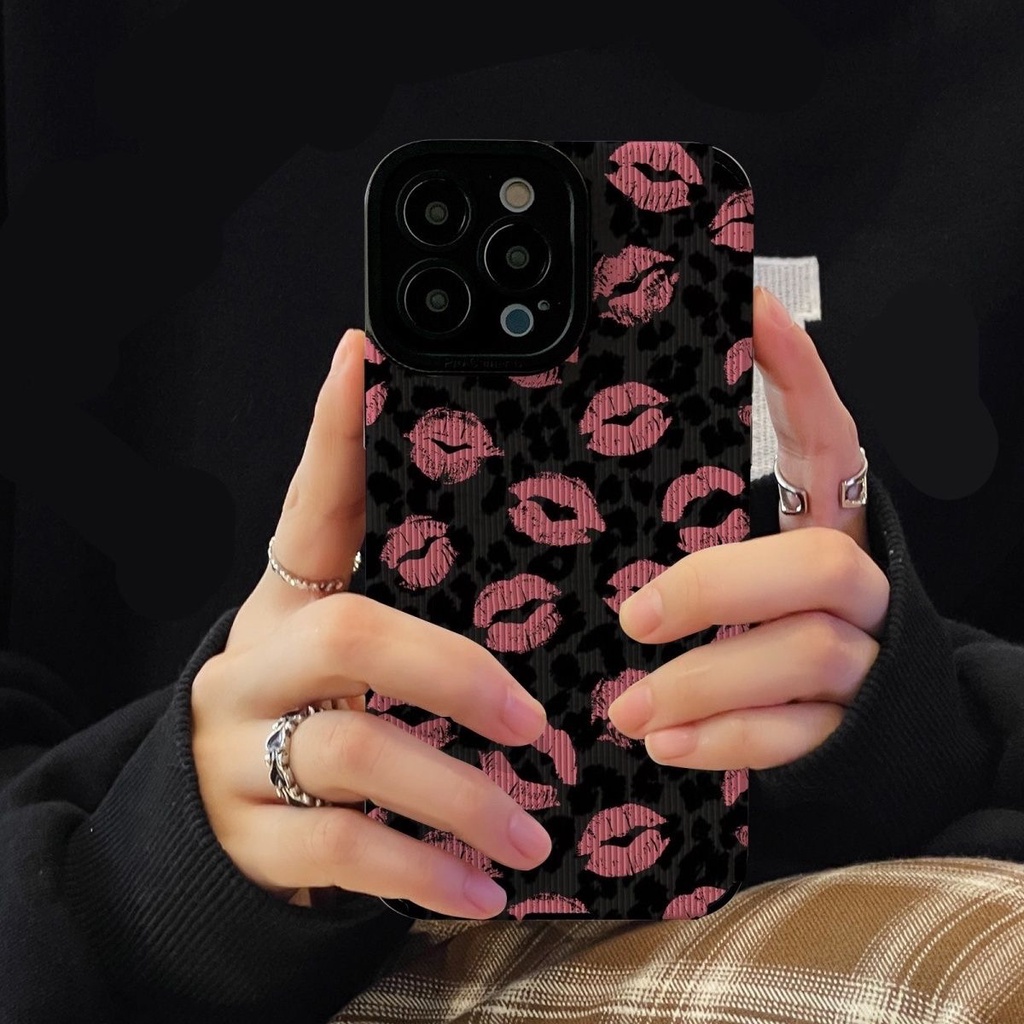 All New Sexy Black&amp;Pink lip print Leather Soft Case IPhone 7 Plus 8 Plus X XS XR XS Max 11 13 12 14 PRO Max 14 Plus SE Mini Phone Case Girl Girl Women's Fashion