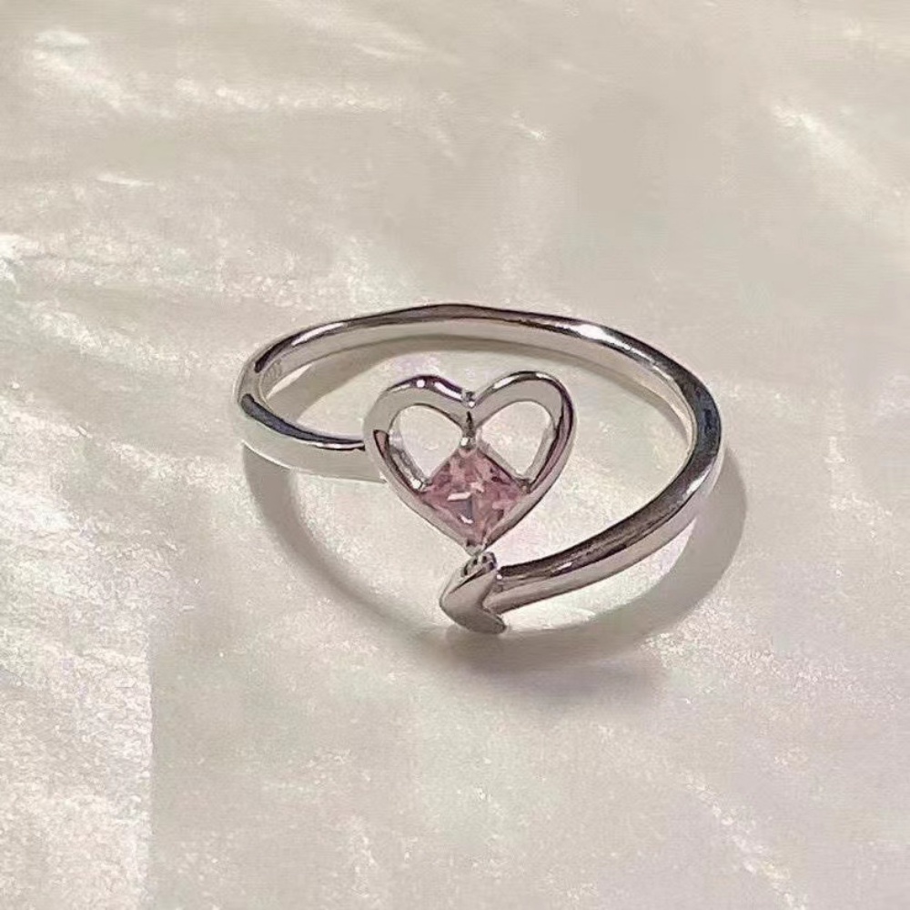 Sterling Silver Berbentuk Hati Merah Muda Berlian Cinta Cincin Untuk Wanita Individualized Gaya Keren Cinta Cincin Tunggal Cincin Terbuka Perhiasan Gadis Seksi