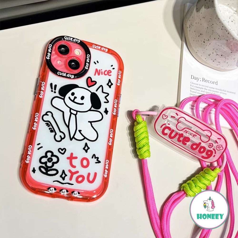 IPHONE Neon Garis Graffiti Anjing Klip Belakang Lanyard Ponsel Case Kompatibel Untuk Iphone14 12 13 Pro Max11 Penuh Bungkus Lensa Drop Cover Pelindung