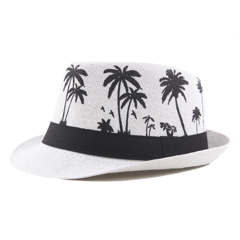 Topi Jazz Pria Palm Print Coconut Curly Straw hat Liburan Topi Matahari Pantai