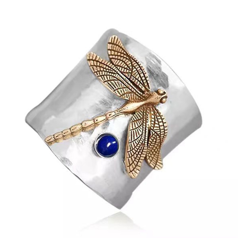 Fashion Permata Biru Capung Lebar Segi Vintage Cincin, Perak Sterling Berkilau Capung Safir Cincin Dengan Berlian Sederhana Perhiasan Fashion Aksesoris Populer