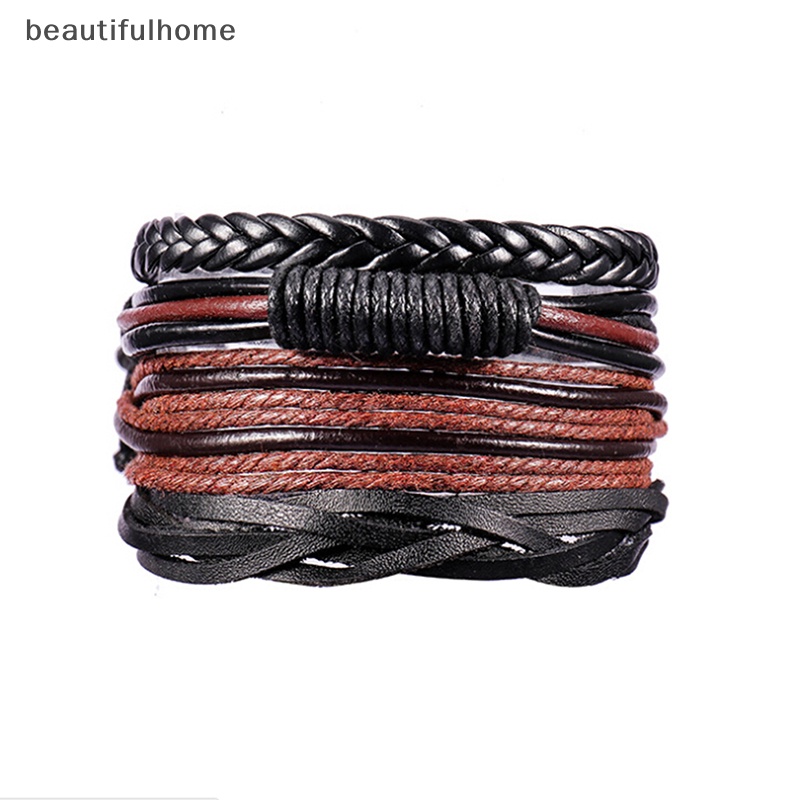 {beautifulhome} 4pcs Mens Handmade Kulit Braided Surfer Wristband Gelang Bangle Bungkus.