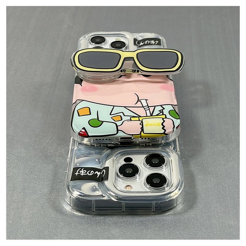 【Sunglasses Shin-chan】Cool Laser Wave Gradient Silver Airbag SoftCase IPhone 11 12 13 14 Pro Max X XR XS MAX 14 Plus Protect Case girl women's Fashion Cute Phone Case