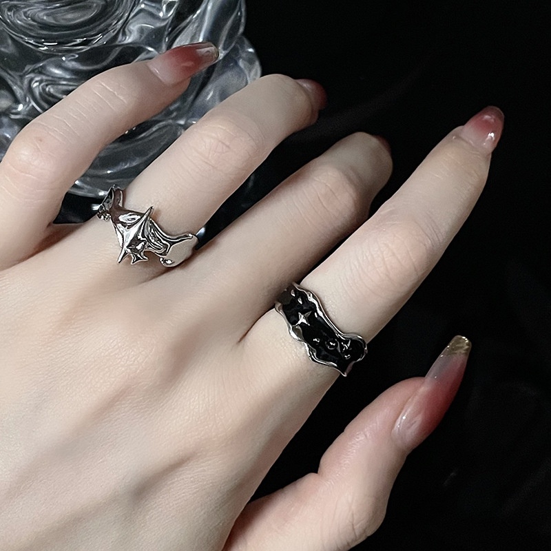 Trendy Punk Tidak Teratur Geometris Bintang Cincin Gothic Gelap Gaya Wanita Gadis Logam Starburst Pembukaan Yang Dapat Disesuaikan Jari Cincin Perhiasan