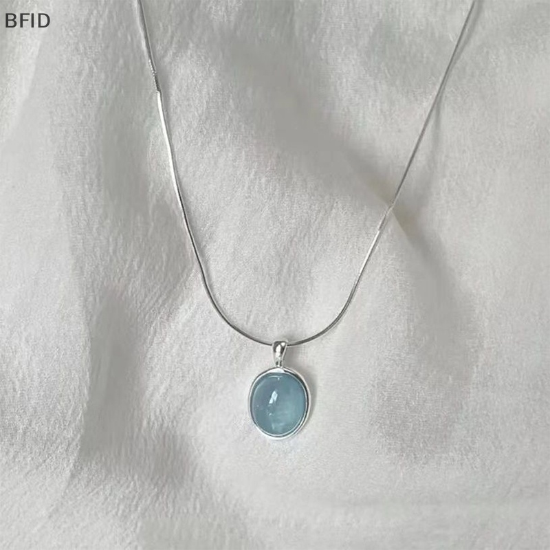 [BFID] Fashion Warna Perak Biru Moonstone Aquamarine Kalung Desain Unik Oval Rantai Klavikula Kristal Untuk Teman Wanita Perhiasan Hadiah [ID]