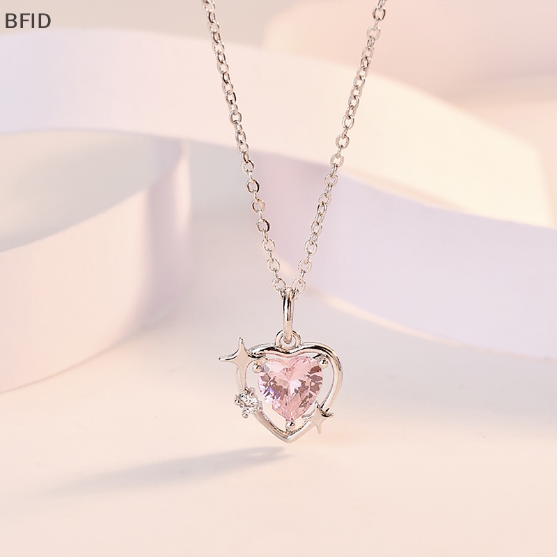 [BFID] Gaya Korea Fashion Vintage Hollow Pink Kristal Jantung Liontin Warna Perak Kalung Rantai Leher Untuk Wanita Perhiasan Pernikahan [ID]