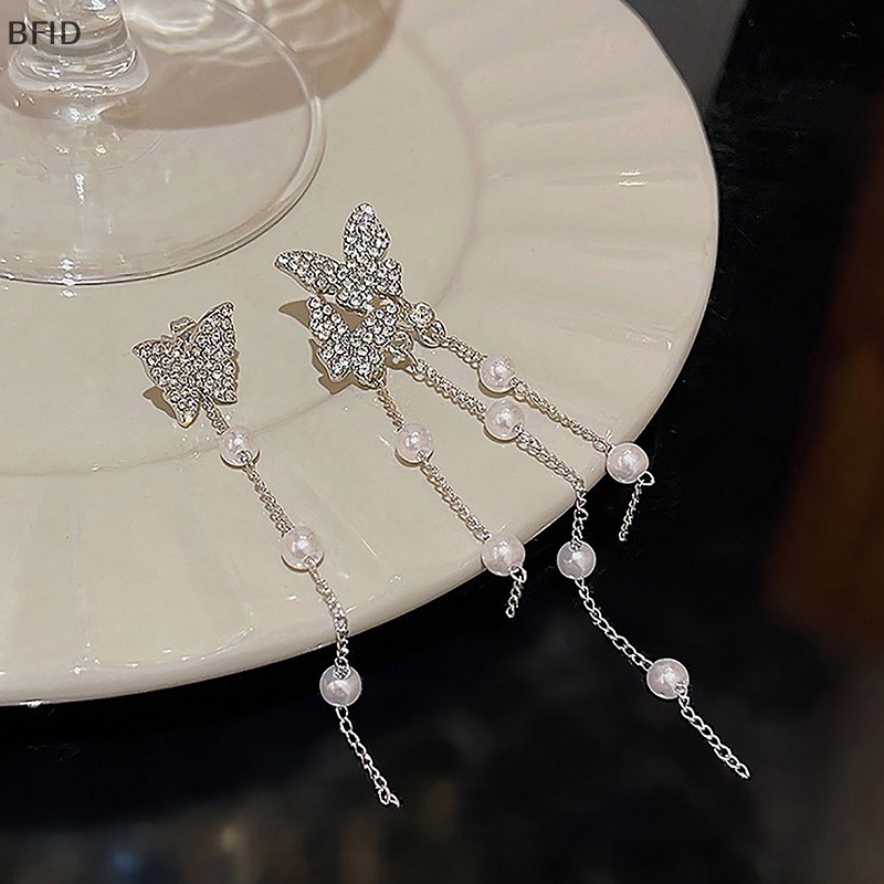 [BFID] 1pasang Anting Rumbai Mutiara Kupu-Kupu Warna Silver Temperamen Zirkon Asimetris Pendant Earring Untuk Wanita Perhiasan Gaya Korea [ID]