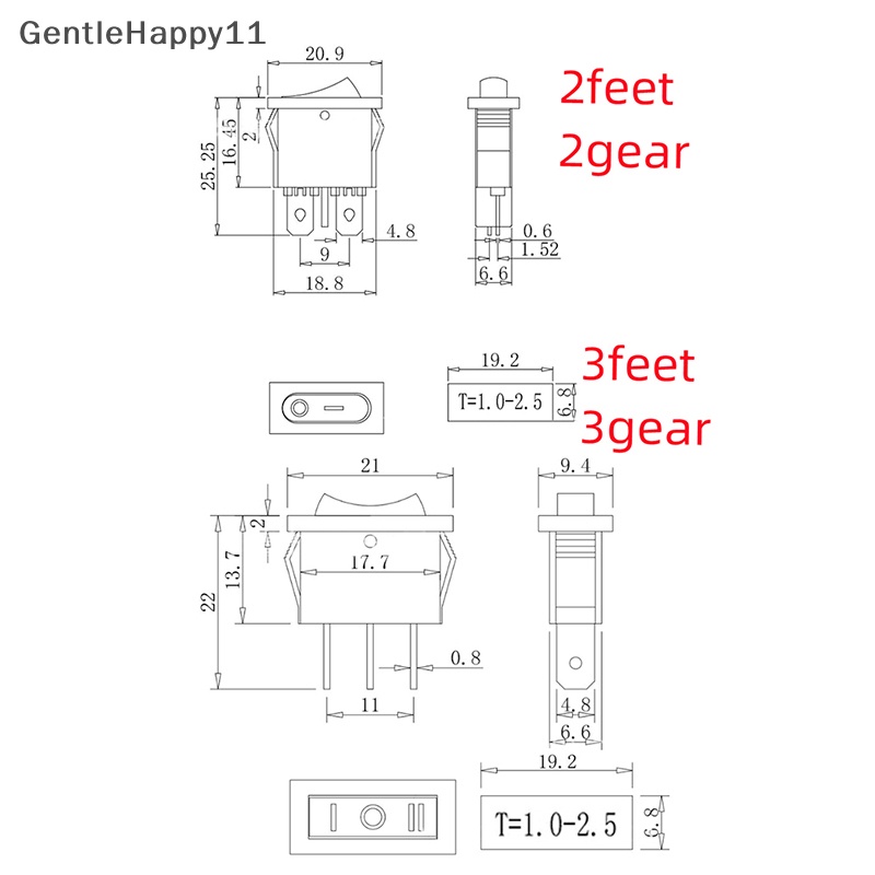 Gentlehappy 5pcs KCD1-110 9.5x21mm Rocker Switch ON/OFF 2pin Instrumen Power Switch id