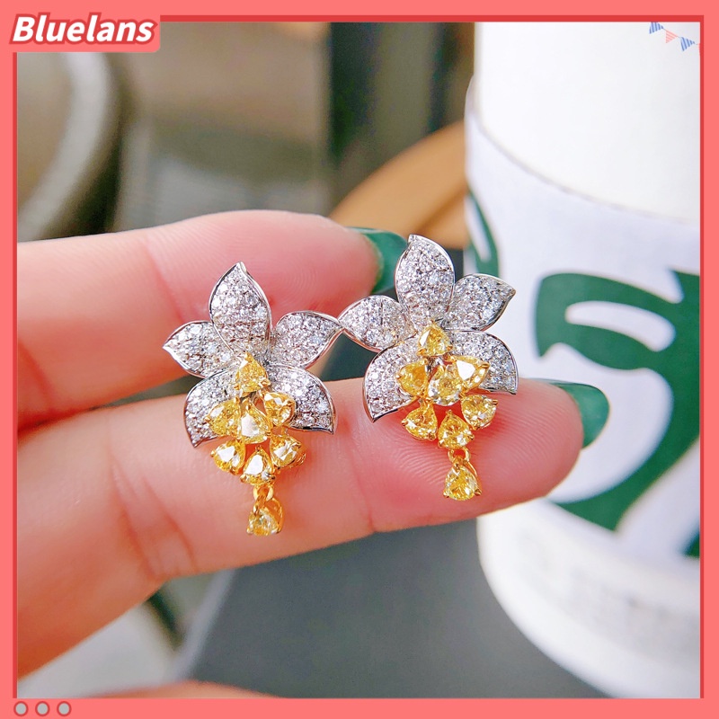 [BLS] Mewah micro-studded diamond Asscher Kuning Berlian Bunga stud Anting ins Gaya Desainer senior Perhiasan custom
