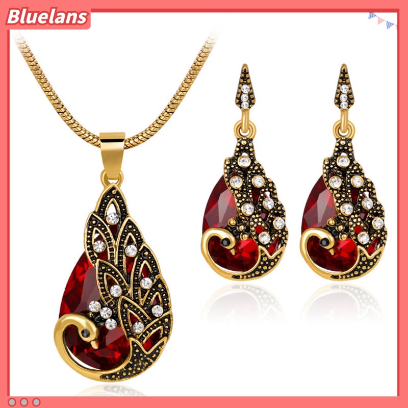 [BLS] Set Kalung Anting Permata Merak Aksesoris Eropa Dan Amerika Perhiasan Fashion Wanita