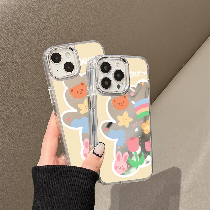 IPHONE Happy Bunny Bear Mirror Phone Case Kompatibel Untuk Iphone11 12 13 14 12Pro 13Pro 14Pro Pro Max XR X XS Max Electroplating Tombol Perlindungan Mirror Cover