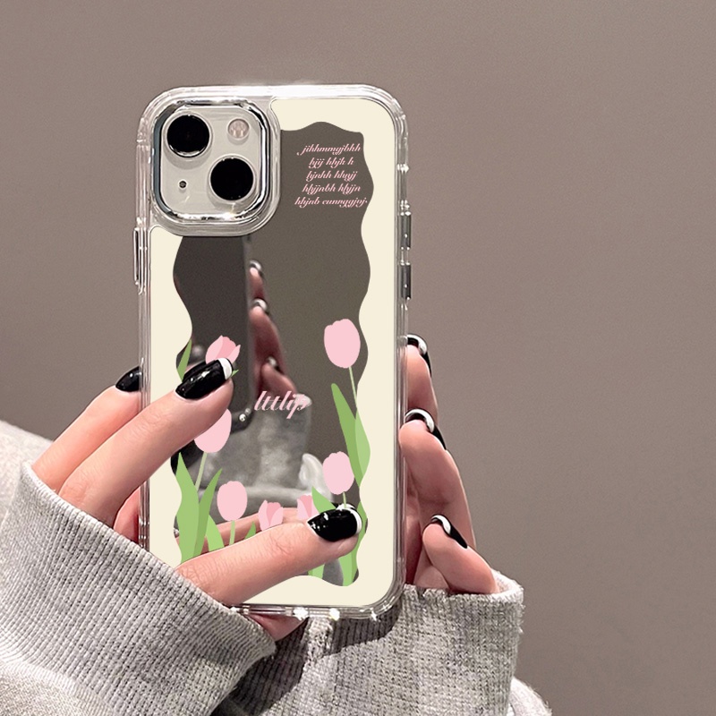 IPHONE Casing Ponsel Cermin Tulip Bunga Pink Kompatibel Untuk Iphone11 12 13 14 12Pro 13Pro 14Pro Pro Max XR X XS Max Electroplating Tombol Perlindungan Mirror Cover